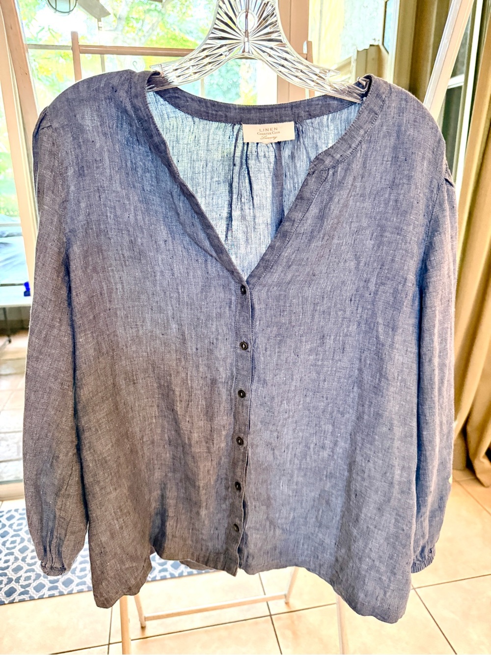 Linen  denim Blue Button-Front Women’s Top and embroidered sleeves